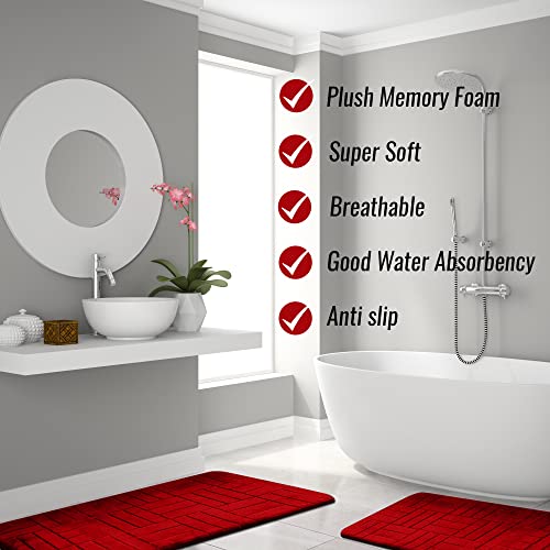 5 Piece Bathroom Rugs Set - Soft Non Slip Memory Foam Large Mats - Perfect Combination of Luxury and Comfort (Burgundy/Line Design, 5 Piece Set) - color: Burgundy/ Line Design