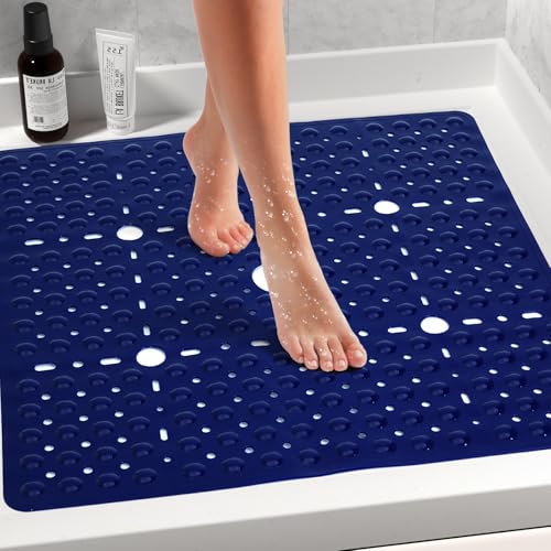 Large Square Shower Mat 27 x 27 Inch Navy Blue, Non Slip Shower Bathtub Mats for Inside Shower with Big Suction Cups Drain Holes, Anti Slip Bathroom Floor Stall Mats, Easy Clean, BPA-Free - color: Navy Blue