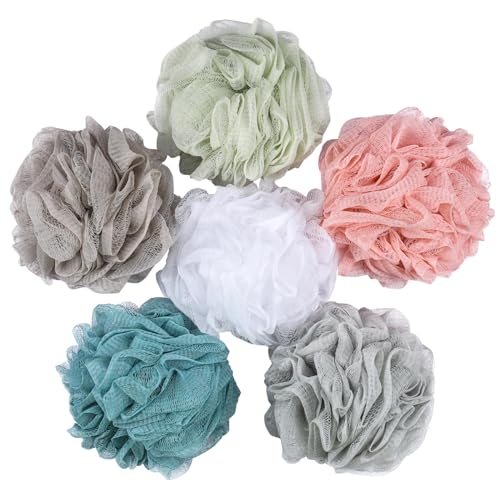 BTYMS 6 Pcs Shower Pouf 60g Bath Loofah Shower Sponge Loofahs Exfoliating Mesh Puff Body Wash Sponge - color: White&pink&green&cyan&brow&gray, size: 6 Count (Pack of 1)