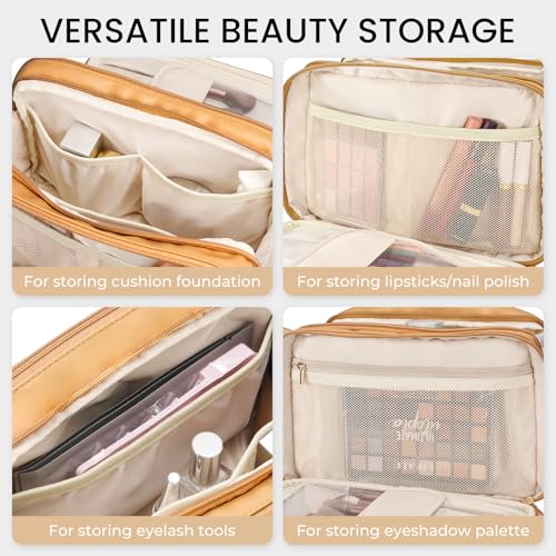 HauteHues Travel Makeup Bag Women's Large Capacity Cosmetic Portable Organizer Large Opening Waterproof Storage Toiletry Bags Vertical Free-Standing Brush Holder for Easy Access Orange - color: Orange