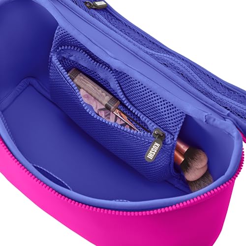 KUSSHI Neoprene Train Case Makeup Bag - Washable Makeup Travel Bag & Vanity Case for Stress Free Travel (Large, Pink/Indigo) - color: Pink/Indigo, size: Large