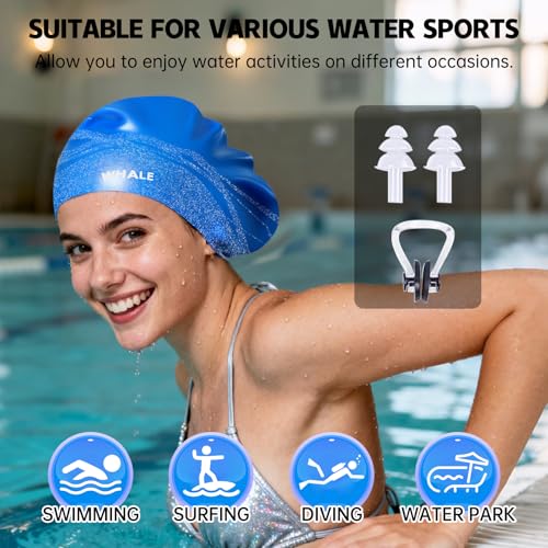 WHALE Extra Large Swim Cap Designed for Men and Women with Thick, Long Hair, Hair Extensions Or Afro-Textured Hair Long-Hair Swim Cap Highly Waterproof to Keep Hair Dry - color: Silver-blue