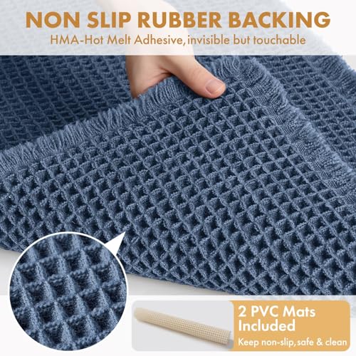 MIULEE Set of 2 Waffle Bathroom Rugs, Boho Bath Rugs Non Slip Washable, Super Absorbent Bath Mats, Ultra Soft Rubber Backed Shower Mats for Bathroom Floor, Tub and Shower, Blue, 17"x24"+17"x48" - color: Blue, size: 17''x24'' + 17''x48''