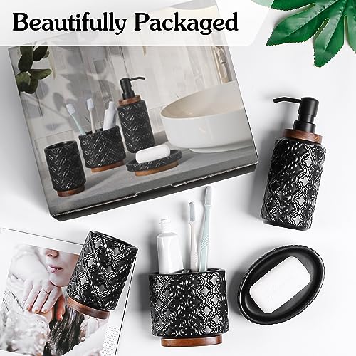 RQYIXI Elegant 4 PCS Ceramic&Wood Bathroom Accessories Set:Soap Dispenser,Toothbrush Holder,Tumbler,Soap Dish,Easy to Clean,Quatrefoil Pattern,Black-Affordable Luxury for Home Decor Enthusiasts - color: Black