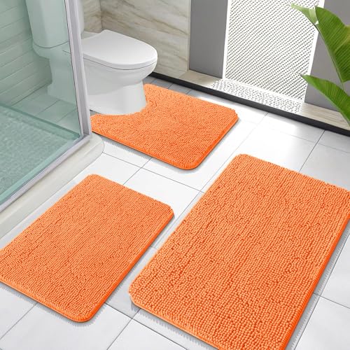 OLANLY Bathroom Rugs Sets 3 Piece, Soft Absorbent Chenille Bath Mats and U-Shaped Contour Toilet Rug, Quick Dry, Home Decor Accessories, Bath Mat Set for Bathroom (30"x20"+24"x16"+24"x20", Orange) - color: Orange, size: 30" X 20" + 24" X 16" + U24" X 20"