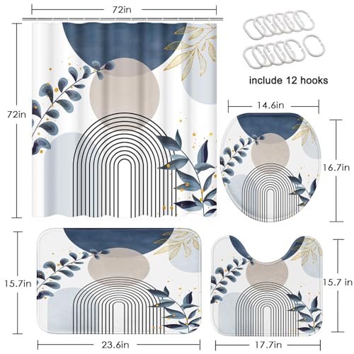 Boho Blue Mid Century Shower Curtain Set with Toilet Lid Cover and Non-Slip Rugs, Abstract Bohemian Gold Leaves Plant 4 Pcs Modern Minimalist Shower Curtain for Bathroom Set with 12 Hooks - color: Leaf Blue