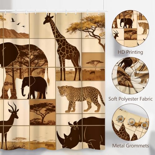 Fabric Shower Curtain with Hooks, Waterproof & Washable & Polyester, Brown Nature African Jungle Animal Shower Curtains for Bathroom, Elephant Giraffe Leopard Bathroom Curtain, House Gift, 71x74 Inch - color: African Safari Animal