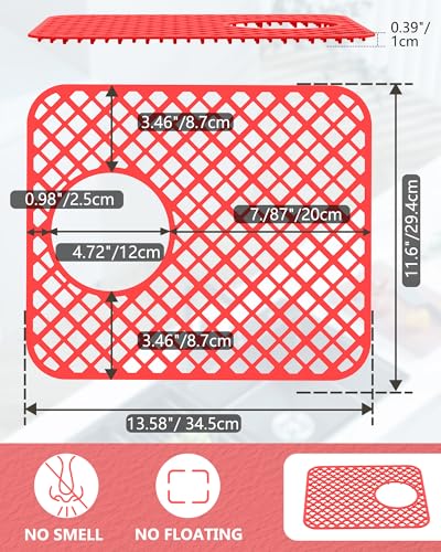 2 Pack Silicone Sink Protectors for Kitchen Sink, Trellis Pattern 13 x 11 Inches Sink Mat, Non-Slip and Durable Sink Protector Silicone, Rear Drain, Red - color: Red