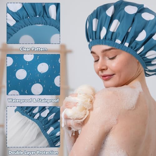 WSICSE 2 Packs Large Shower Caps for Women, Reusable Waterproof Shower Cap Bath Caps with Hair Scrunchies for Long Thick Hair (Blue/Green) - color: dark blue, dark green