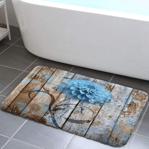 JAWO Farmhouse Floral Flower Bath Mat, Dahlia on Rustic Wooden Plank Country Barn Wood Blue Flower Bath Mat Sets, U-Shaped for Bathroom Rugs, Toilet Mats, Non-Slip Shower Mat - color: Blue, size: 1'3" x 1'6" (U-Shaped)