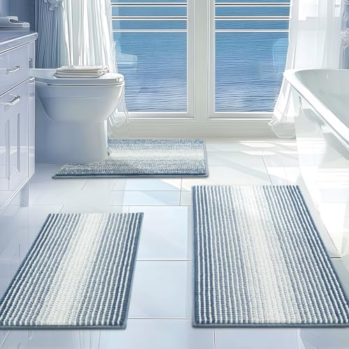 BSICPRO Bathroom Rugs Sets 3 Piece, Toilet Rugs U-Shaped Contour Bath Mat Set, Striped Absorbent Non Slip Chenille Shower Mat, Fog Blue - color: Fog Blue, size: 20"x32"+16"x24"+U Shape 20"x24"