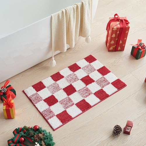 CozeCube Bath mats for Bathroom Non Slip, Fluffy Absorbent Microfiber Bath mat Washable, Aesthetic Bathroom Rugs, Cute Christmas Red Checkered Bath mat, Christmas Red, 32" x 20" - color: Checkered-christmas Red, size: 2'8" x 1'8" (Rectangular)
