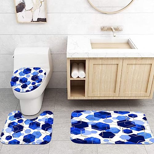 LQCOOL Blue Bathroom Curtain Set, 4Pcs Modern Art Geometric Shower Curtain with 12 Hooks, Waterproof, Blackout, 70.8' L x 70.8' W - color: Blue