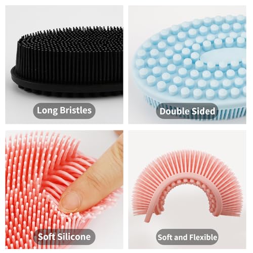 3 Pack Silicone Body Scrubber, Silicone Loofah Soft Exfoliating Body Scrubber, Silicones Body Brush Bath Shower Scrubber for Body, 2 in 1 Bath and Shampoo Wash Brush for Skin Exfoliation Men Women - size: With Handle Black+Pink+Blue