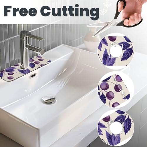 Kitchen Sink Splash Guard Faucet Mat, Purple Cherries Leaves Diatom Mud Absorbent Draining Mat For Kitchen Sink Bathroom - color: Purple Cherries Leaves, size: One Size