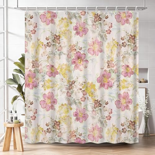 Vintage Floral Shower Curtain with Hooks - Pastel Botanical Flower Design Curtain for Bathroom Decor, Waterproof Fabric Bath Curtain for Rustic Farmhouse Style Home Apartment, 71x74 Inch - color: Floral-a