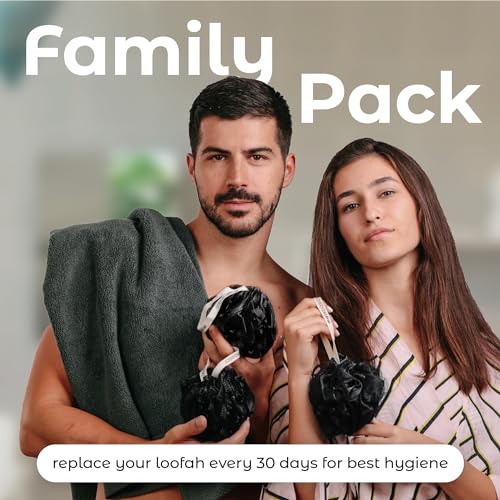 MainBasics Shower Loofah Sponge Pouf, Set of 3, Triple Black | Soft Mesh Body Scrubber and Bath Sponge for Gentle Exfoliation, Rich Lather, and Everyday Shower Use - style: Triple Black