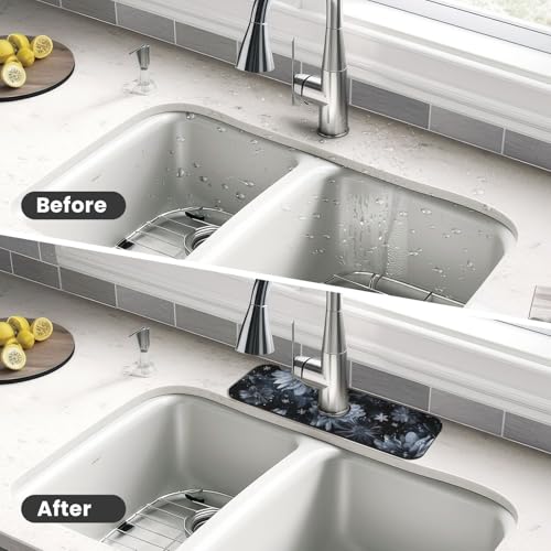 Faucet Draining Mat For Kitchen Sink, Stylized Gray Chrysanthemum Flowers Diatom Mud Absorbent Drain Pad For Bathroom Kitchen Sink Splash Guard Drying Mat - color: Stylized Gray Chrysanthemum Flowers