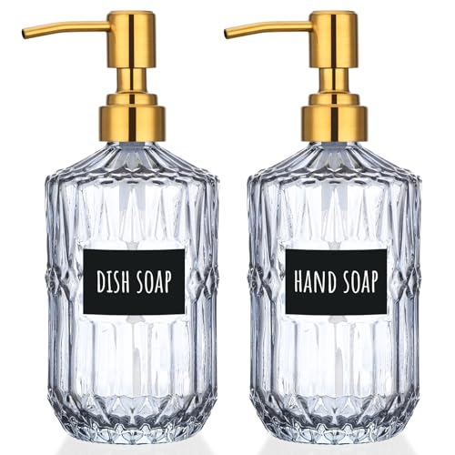 Segbeauty 15.2oz Glass Soap Dispenser Bathroom Bottle, 2pcs Gray Shampoo and Conditioner Dispenser with Labels, 450ml Pump Bottle for Kitchen, Lotion Cream Container with Golden Stainless Steel Pump - color: Gray Gold, size: 15.2oz/450ml