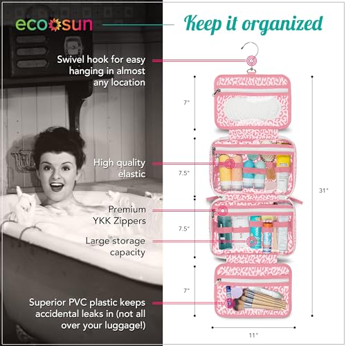Eco Sun Hanging Travel Toiletry Bag — Designed in Hawaii — Water-resistant Travel Organizer for Bathroom Accessories (Pink Leopard) - color: Pink Leopard