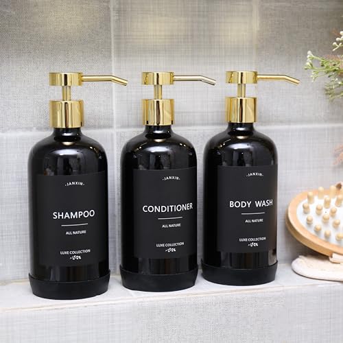 Shampoo and Conditioner Dispenser Set of 3,Refillable 21oz Shampoo Bottles with Non-Slip Protective Silicone Pad,Shower Soap Dispenser with Waterproof Labels for Bathroom (Black) - color: Black Bottles + Gold Pumps