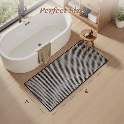 AMOAMI Unique Woven Bathroom Runner Rug, Super Absorbent Non Slip Bath Mats for Bathroom Textured Bathroom Mat Quick Dry Boho Rugs Runners for Hallyways Kitchen Bedroom Beside Tub, 2' x 4', Black - color: Black, size: 2' x 4'
