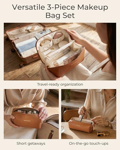 BAGSMART Makeup Bag Travel 3 Pcs Set Cosmetic Bag, Large Make Up Bag Flat Open Toiletry Bag for Women, PU Leather Travel Essentials Organizer Case, Wide-open Pouch for Skincare, Brushes,Classic Brown - color: 31- Classic Brown