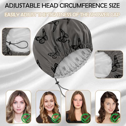 2 PCS Shower Cap Reusable Waterproof Adjustable Double Layer Elastic Dry Hair Bathing Caps Aesthetic Cute for Women Girls-Butterfly Rainbow - color: H-10-Butterfly Rainbow