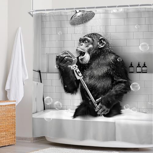 Newsely Funny Monkey Shower Curtain 72Wx72H Inch Black White Animal Chimpanzee Singing in Bathtub Men Kids Boy Shower Curtain Bathroom Set Modern Cool Waterproof Bath Decoration Accessories Home Decor - color: G-monkey, size: 72"W x 72"L (Pack of 1)