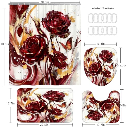 Red Marble Rose Shower Curtain Set,Luxury Modern Abstract Floral Bathroom Decor with Non-Slip Rugs & Toilet Lid Cover, Waterproof Fabric with 12 Hooks,Elegant Glamorous Bathroom Accessories for Home - color: Red Rose Decoration