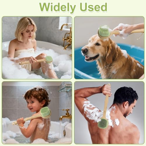 Silicone Back Scrubber for Shower, Silicone Bath Body Brush Loofah with Long Handle, Dual-Sided Shower Brush for Body, Green Exfoliating Body Scrubber for Men Women, Back Washer for Men with Hook - size: green-1pcs