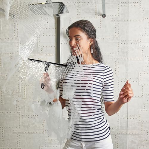 Scrub Brush Set of 6 pcs - Cleaning Shower Scrubbers with Squeegee for Shower Glass and Adhesive Wall Hooks Including Grout Cleaner Brush, Scrub Brushes for Cleaning Bathroom, Shower, Tile, Bathtub - color: Black, Set of 6