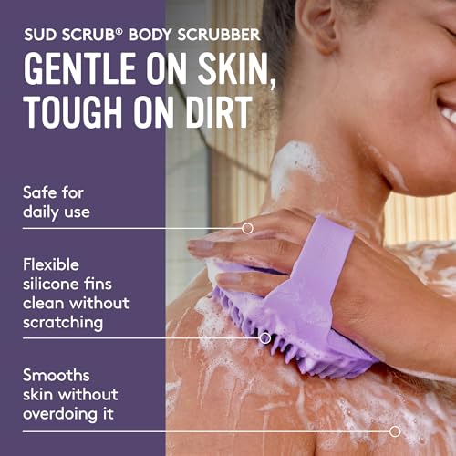Sud Scrub® Antimicrobial Silicone Body Scrubber, Exfoliating Body Brush for Sensitive Skin, Antibacterial Shower Scrubber for Body, Bathroom Essentials for Men & Women, Purple - color: Purple
