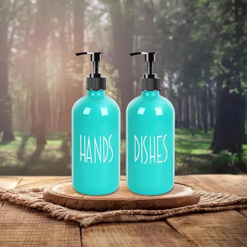 Glass Soap Dispenser with Plastic Pump for Kitchen - 16 OZ Glass Hand, Dish Soap Dispenser Set - Kitchen, Bathroom Decor and Accessories (Teal) - color: Teal
