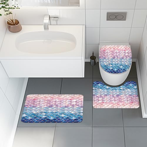4 PCS Mermaid Scales Shower Curtain Set 72Wx72H Colorful Kids Ocean Sea Bathroom Set Non-Slip Bath Rug Toilet Lid Cover U Shape Mat Complete Bathtub Accessories with 12 Hooks Bathroom Decor - color: H Mermaid, size: 72"W x 72"L (Pack of 4)