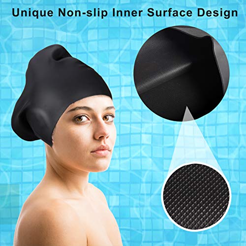 Swim Cap Long Hair 2 Pack Swimming Caps for Women Silicone Swim Caps Keep Hair Dry Waterproof Comfortable Flexible Durable Bathing Cap Tear-Proof Design Large Women Adult Swimming Cap 10+ Years Girls - color: Black & White