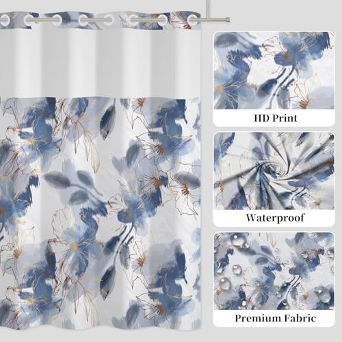 No Hook Floral Shower Curtain with Snap in Liner 71x74 Inch | Blue Watercolor Flower with Gold Line Art, Shower Curtains for Farmhouse Bathroom, Waterproof Fabric with Mesh Top Window - color: Blue and Gold Floral