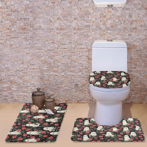 Cute Ghost Bathroom Rug Set Rose Bathroom Rugs Sets 3 Piece Toilet Seat Cover and Rug Set Toilet Lid Cover with Non-Slip Bottom Toilet Lid Cover Set with U-Shaped Rug Bathroom Accessory Set - color: Cute Ghost Rose