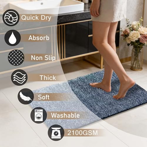VOOVA & MOVAS Non-Slip Bathroom Rug，Ultra Soft & Quick Dry Bath Mat， Machine Washable Microfiber Shaggy Bath Rug， Plush Water Absorbent Shower Mat for Floor and Sink， 24x17 Inches，Dark Denim - color: Dark Denim, size: 24"x17"