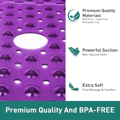 Large Square Shower Mat 27 x 27 Inch Clear Purple, Non Slip Shower Bathtub Mats for Inside Shower With Big Suction Cups Drain Holes, Anti Slip Bathroom Floor Stall Mats, Easy Clean, BPA-Free - color: Clear Purple