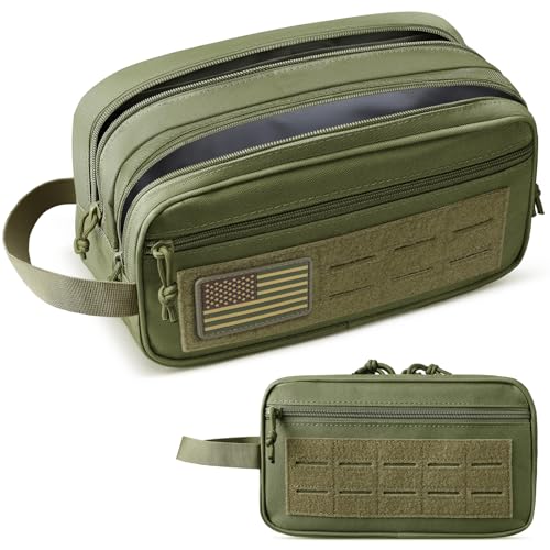 RXW EDC Toiletry Bag for Men, Tactical Dopp Kit, Molle Pouches Compact Travel Organizer for Shaving Shower, Hygiene, Grooming (Includes Dry/Wet Compartment & US Flag Patch) - color: Army Green