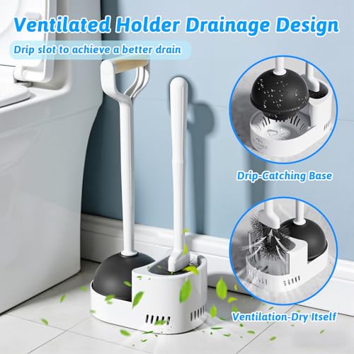 Sellemer Toilet Brush and Plunger Set, Curved Head Deep Clean, White 2 Pack | Brush and Plunger set, Curved Nylon Bristles for Deep Clean, Strong Suction Plunger, Ventilated Holder for Quickly Air Dry - color: White