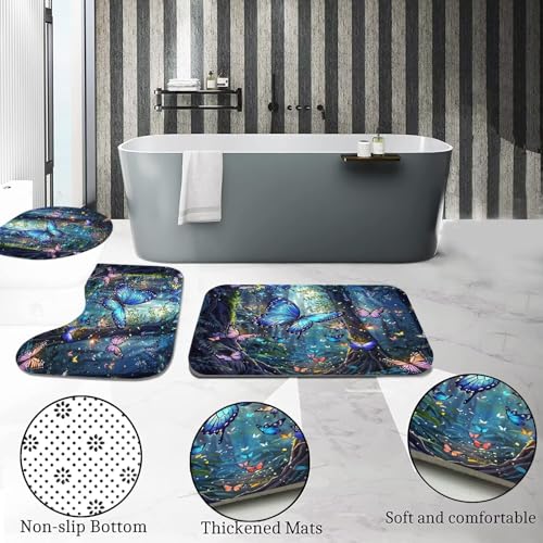 DDQQ 4 Pcs Blue Butterfly Shower Curtain Set with Non-Slip Rug, Green Plant Colorful Butterflies Bath Mat and Toilet Rugs, Forest Shower Curtain for Bathroom Set Decor - color: Dark Blue