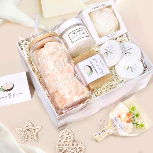 Spa Gift Baskets for Women, Sweet Coconut Birthday Gifts Baskets for Women, Spa Kit Gift Box, Bath and Body Relaxing Gifts Set for Mother Wife Sister Friends with Glass Cup Salt Scrub Shower Steamers - color: 9Pcs Sweet Coconut