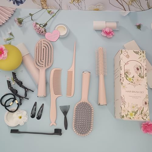 Hair Brush Set, Professional Styling Tools with Combs and Accessories, Pink, Gift Box Included (Pink Brush+Pink Comb) - color: Pink Brush+Pink Comb