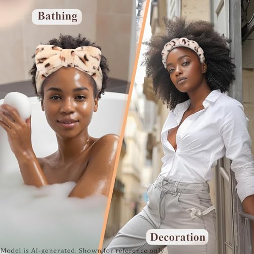 Headband for Washing Face Wristband Set, Leopard | Soft absorbent fabric, snug head-hugging fit for face washing, skincare, makeup, masks, travel, women and teen girls - color: Brown leopard print