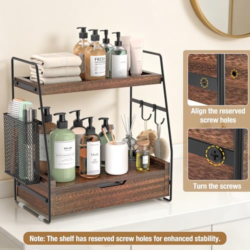 2-Tier Bathroom Counter Organizer with Drawer and Removable Basket, Wood Vanity Countertop Storage for Perfume, Makeup, Skincare, Bathroom Counter Shelf, 13" x 7.9" x 14.5", Dark Brown - color: Dark Brown