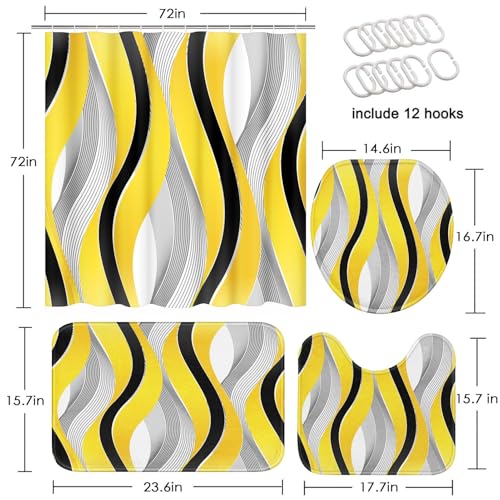 Yellow Striped Shower Curtain Set with Toilet Lid Cover and Non-Slip Rugs for Bathroom, Grey and Black Geometric Lines 4 Pcs Shower Curtain, Modern Yellow Bathroom Set with 12 Hooks - color: Geometric Lines Yellow
