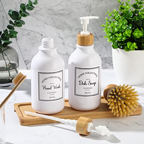 Zopeal 4 Pcs 16 oz Kitchen Soap Dispenser Set with Bamboo Tray and Dish Brush Plastic Soap Dispenser Set with Waterproof Labels for Hand Dish Lotion(Frosted White) - color: Frosted White