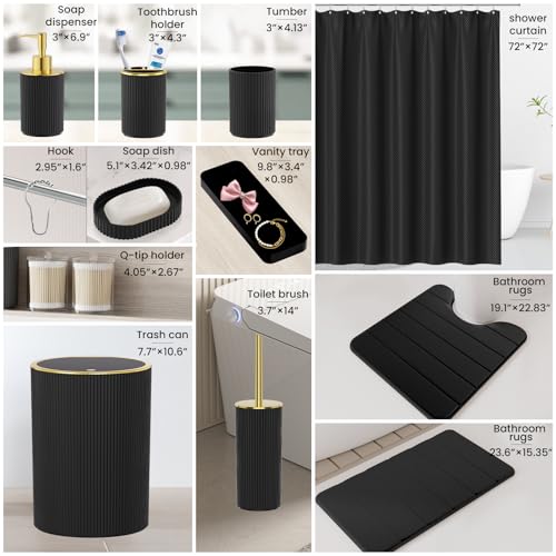 Black Gold Bathroom Accessories Set - Bathroom Sets, 25PC Bath Accessory Set, Bathroom Sets with Push Top Trash Can, Shower Curtain and Rugs, Toilet Brush, Trash Can & Soap Dispenser - color: Black & Gold, size: 25-Piece Set (Accessories + Shower Curtain